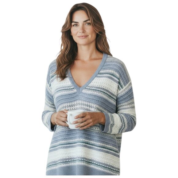 White House Black Market Striped Open Knit Sweater Blue White M Coastal Chic - Picture 1 of 9